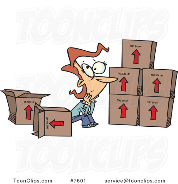 Cartoon Sad Lady Sitting by Moving Boxes #7601 by Ron Leishman