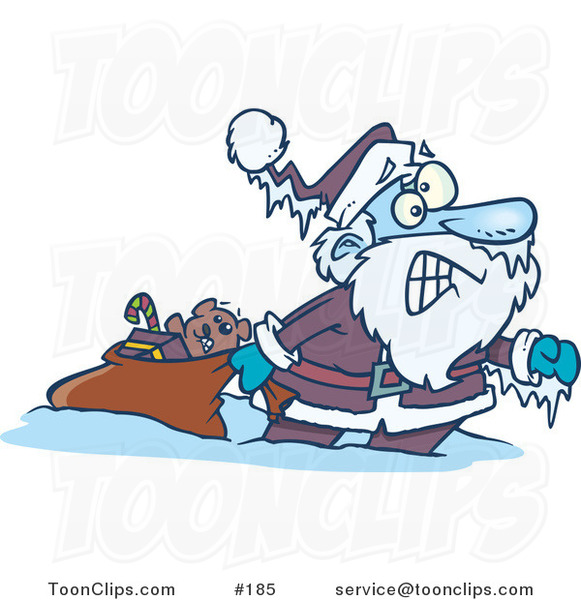 Cartoon Santa Claus Pulling a Toy Sack, Frozen Solid with Icicles Hanging from His Hat and Hand