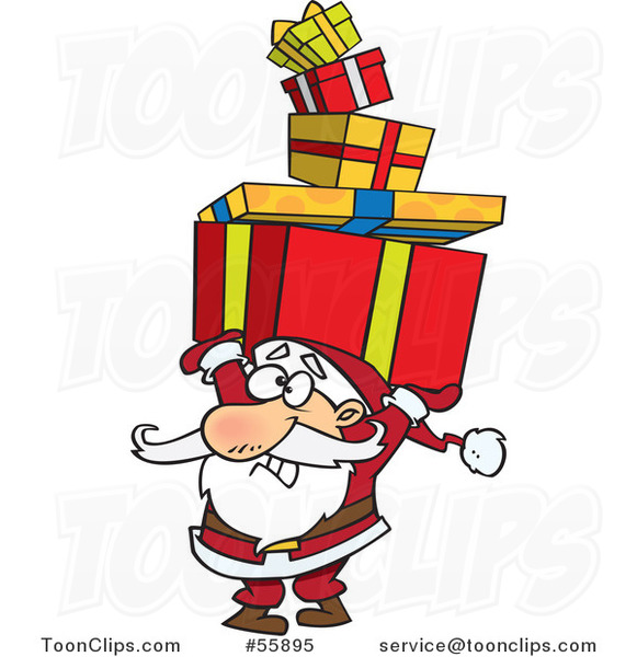 Cartoon Santa Holding a Stack of Christmas Gifts over His Head