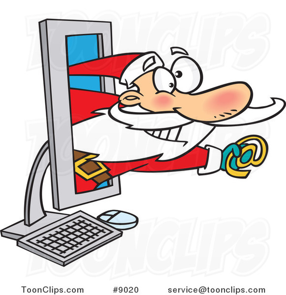 Cartoon Santa Holding an Email Symbol in a Computer