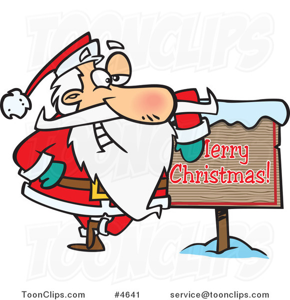 Cartoon Santa Leaning Against a Merry Christmas Sign