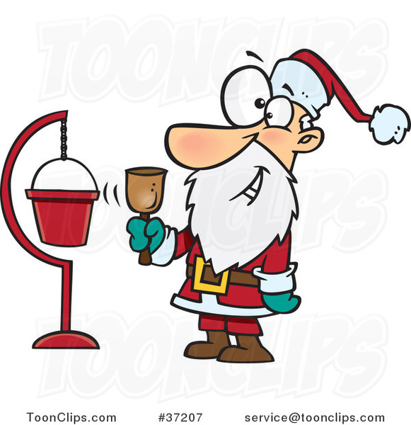 Cartoon Santa Ringing a Bell by a Donation Cup