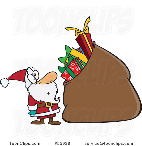 Cartoon Santa Staring at a Giant Sack Full of Gifts