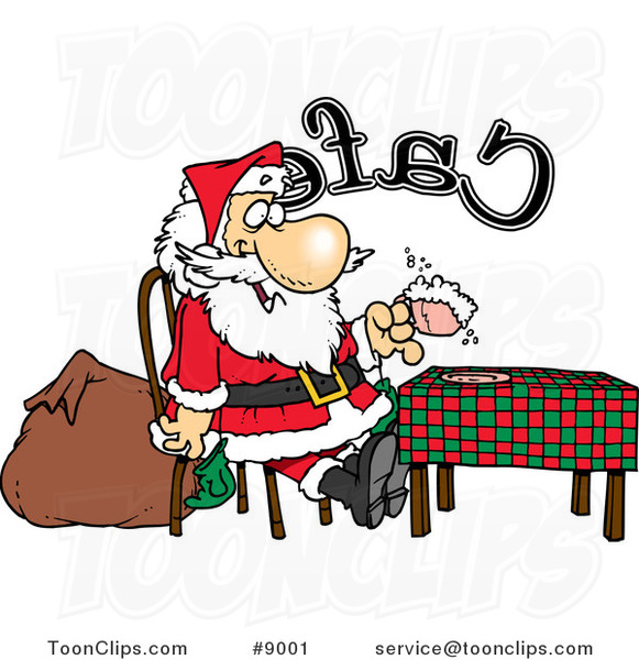 Cartoon Santa Taking a Break in a Cafe