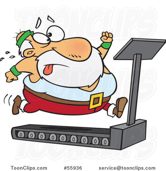 Cartoon Santa Trying to Run and Lose Weight on a Treadmill