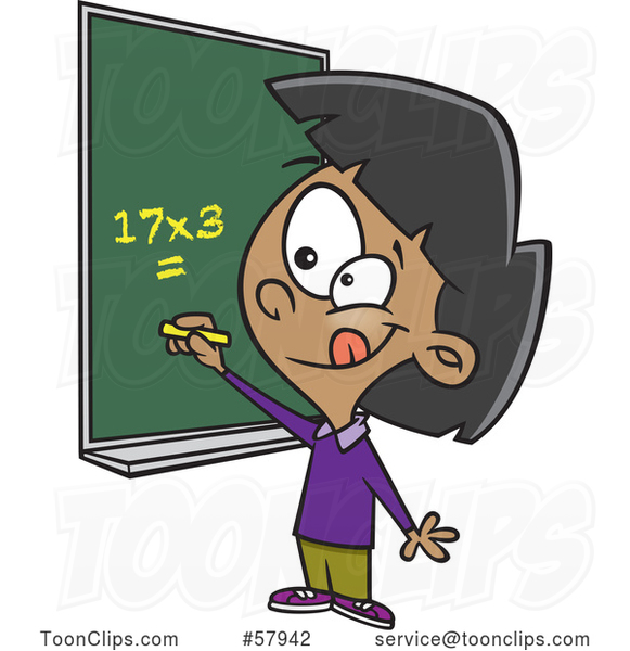 Cartoon School Girl Solving a Multiplication Math Problem