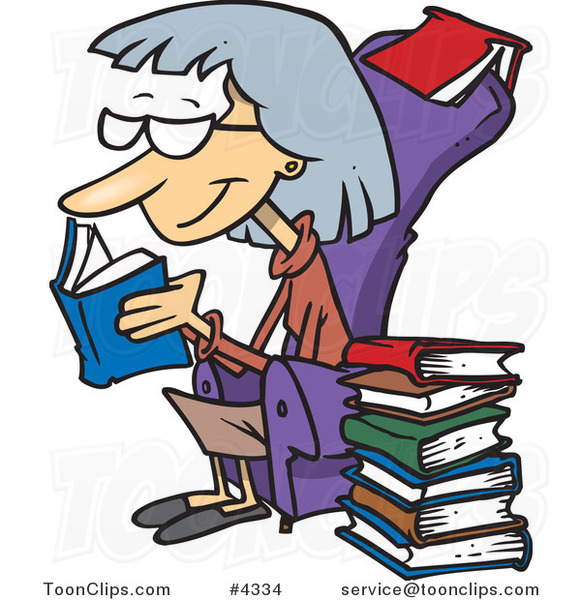 Cartoon Senior Lady Reading Books #4334 by Ron Leishman