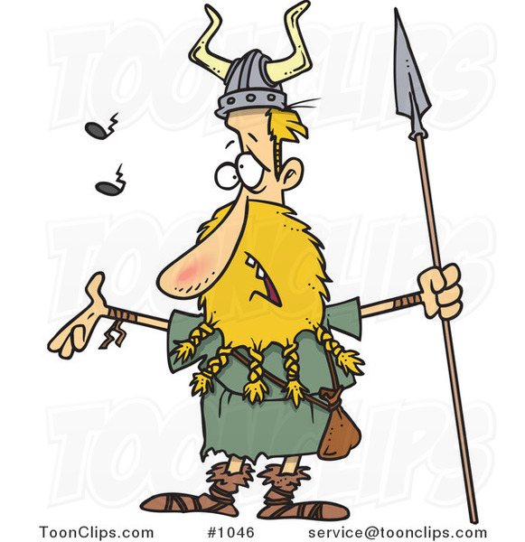 Cartoon Skinny Blond Viking Holding a Speark and Singing