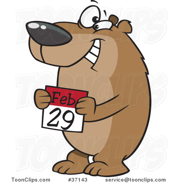 Cartoon Smiling Leap Day Bear Holding a February 29th Calendar