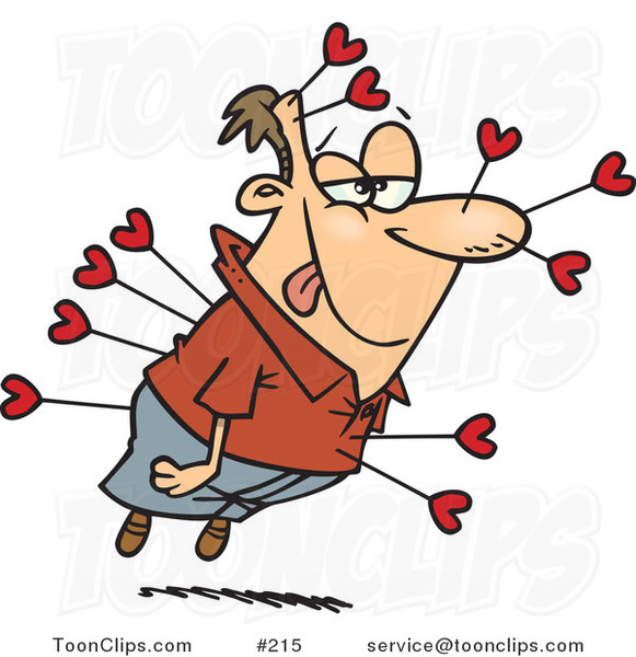 Cartoon Smitten White Guy with a Love Struck Look on His Face, Floating and Shot Many Times with Cupid's Heart Arrows