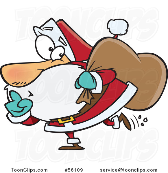 Cartoon Sneaky Santa Claus Gesturing Silence and Tip Toeing on Christmas Eve