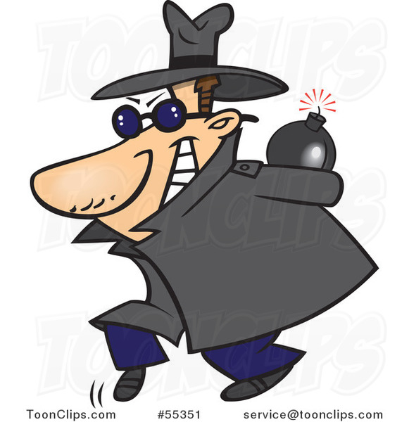 Cartoon Sneaky Spy Carrying a Bomb Behind His Back