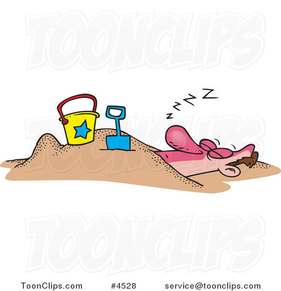 Cartoon Snoozing Guy Buried in the Sand on a Beach