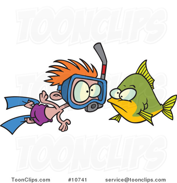Cartoon Snorkeler Boy by a Fish