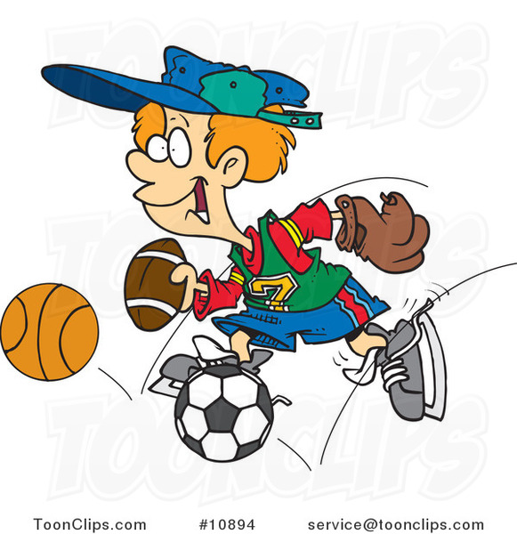 Cartoon Sporty Boy with a Baseball Glove, Basketball, Football and Soccer Ball