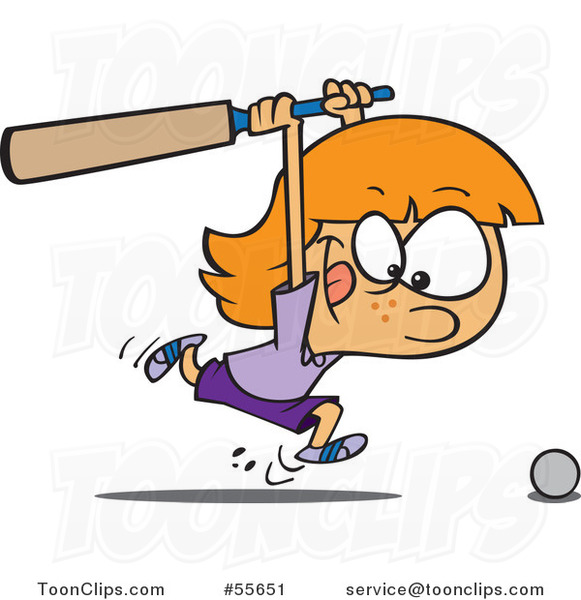 Cartoon Sporty Cricket Girl Chasing a Ball with a Bat