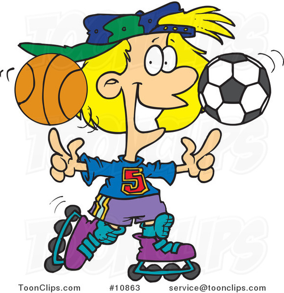 Cartoon Sporty Girl Roller Blading with a Basketball and Soccer Ball