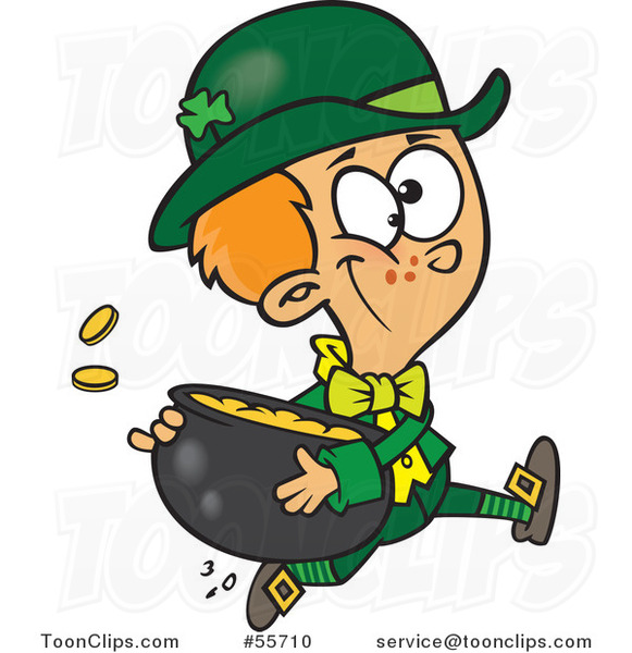 Cartoon St Patricks Day Leprechaun Boy Running with a Pot of Gold