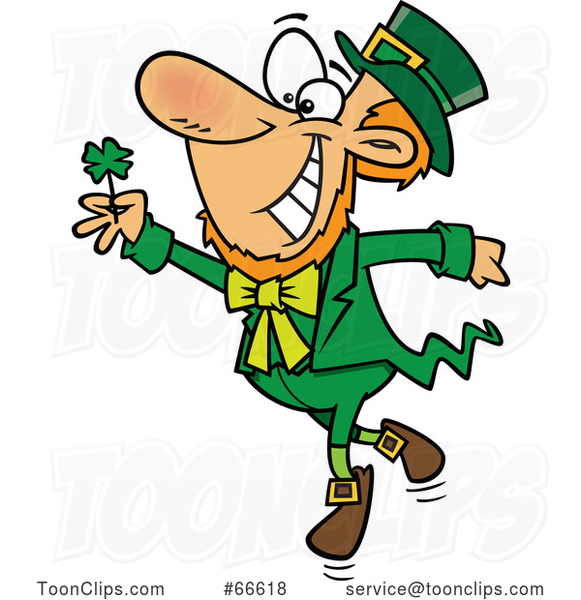 Cartoon St Patricks Day Leprechaun Dancing with a Four Leaf Clover