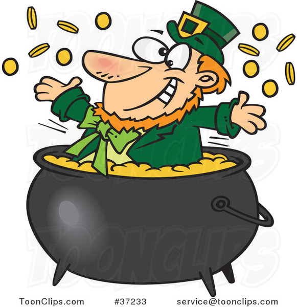 Cartoon St Patricks Leprechaun Playing in a Pot of Gold