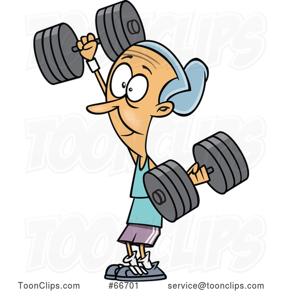 Cartoon Strong Senior White Lady Working out with Dumbbells
