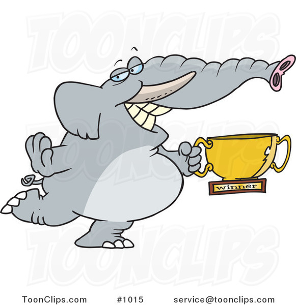Cartoon Successful Elephant Holding a Trophy Cup