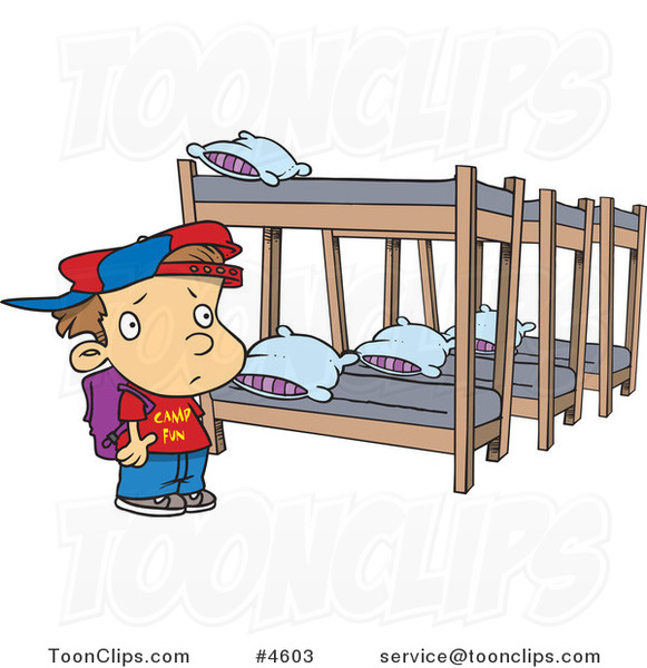 Cartoon Summer Camp Boy Looking at Bunk Beds
