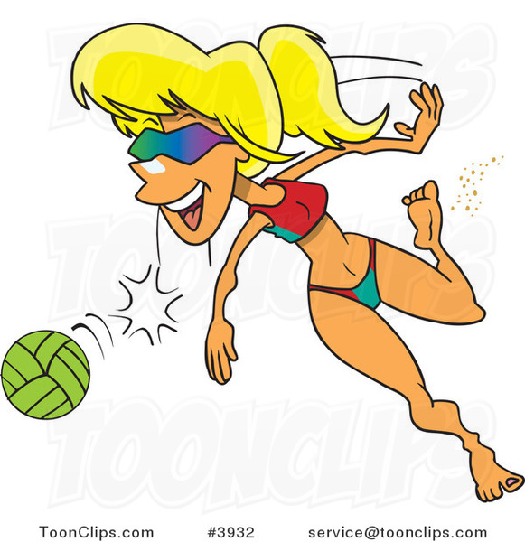 Cartoon Summer Lady Playing Beach Volleyball
