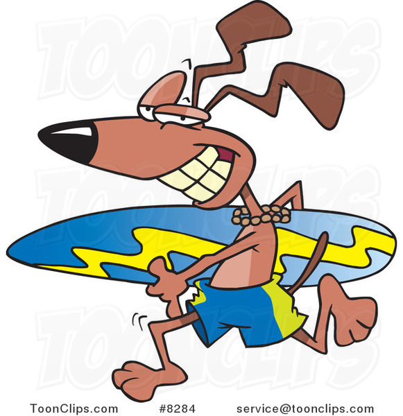 Cartoon Surfer Dog Running with a Board