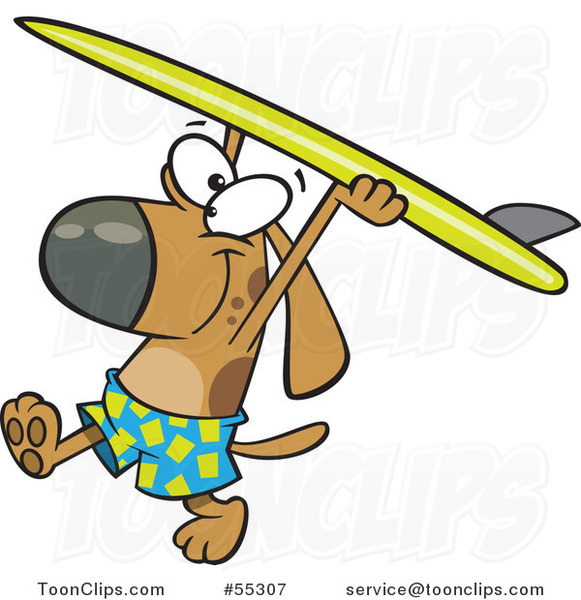 Cartoon Surfer Dog Walking with His Board over His Head