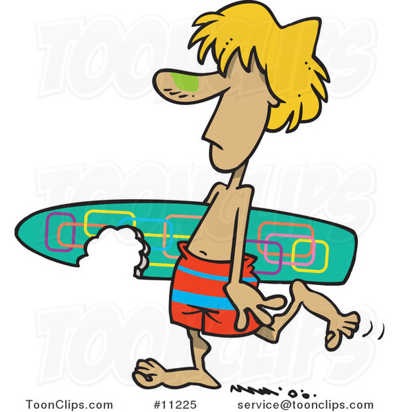 Cartoon Surfer Dude Carrying a Shark Bitten Board