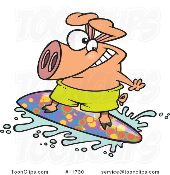 Cartoon Surfer Pig Riding a Wave