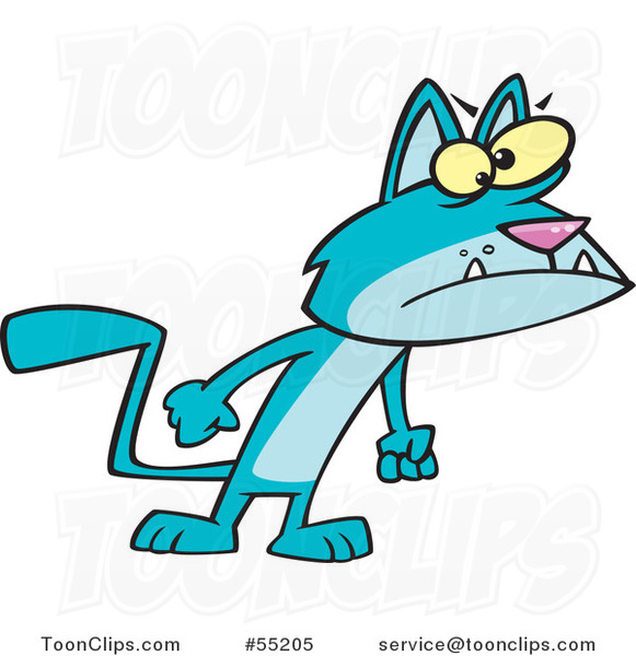 Cartoon Surly Blue Cat with Fists at His Side