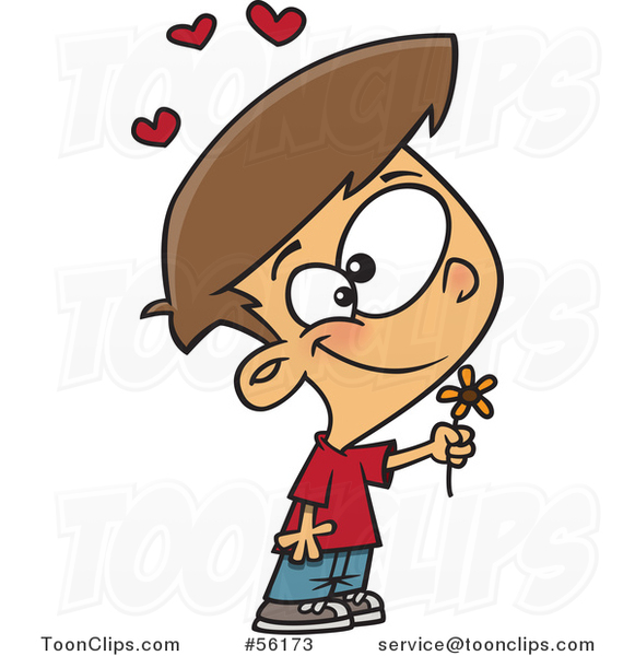 Cartoon Sweet and Thoughtful White Valentines Day Boy Holding a Flower