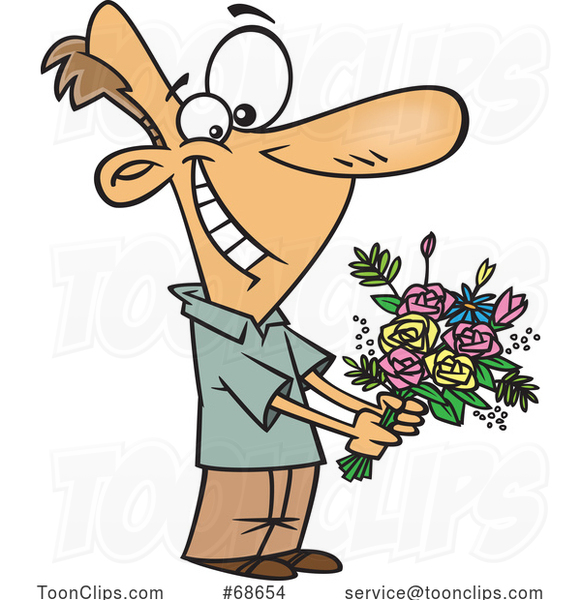 Cartoon Sweet Guy Holding Flowers By Ron Leishman