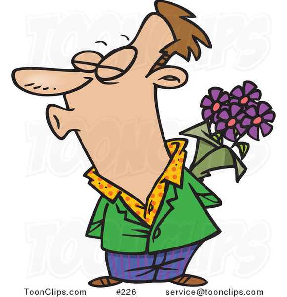 Cartoon Sweet White Guy Holding Purple Flowers Behind His Back and Puckered up for a Kiss from His Wife or Girlfriend