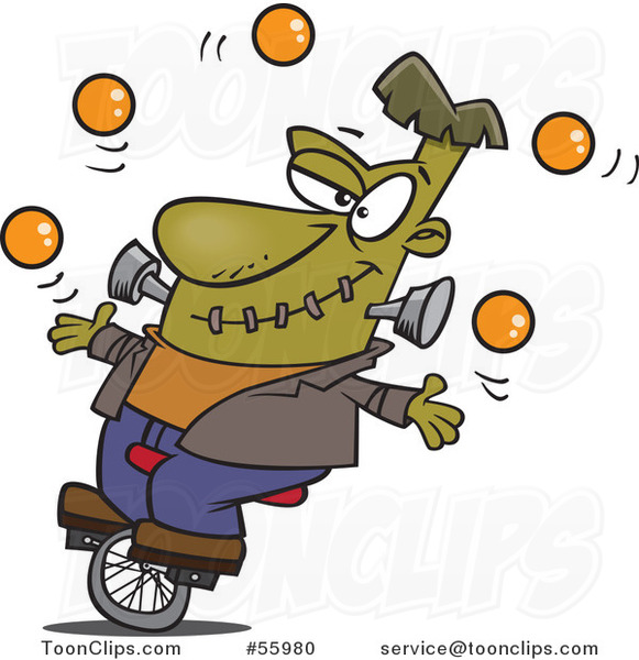 Cartoon Talented Frankenstein Juggling and Riding a Unicycle