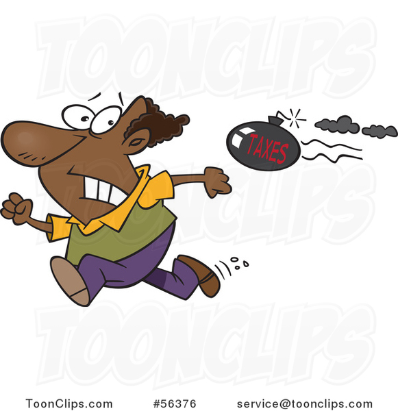 Cartoon Tax Evasion Bomb Flying Behind a Running Black Guy