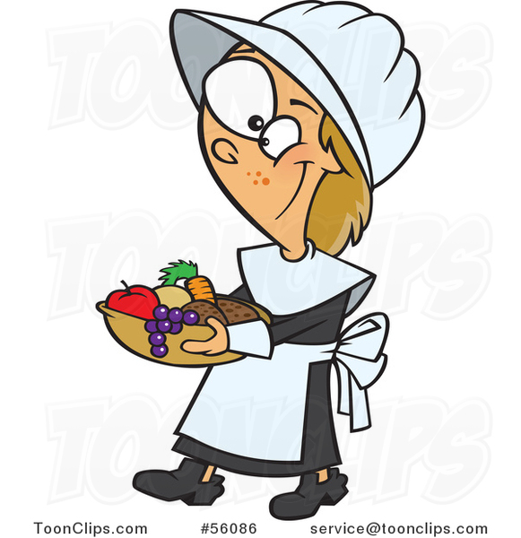 Cartoon Thanksgiving Pilgrim White Girl Carrying a Basket of Fruit and Veggies