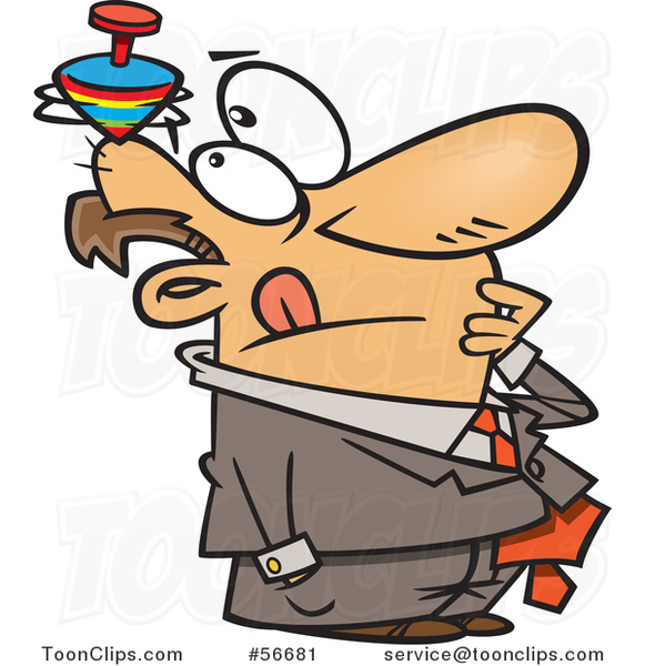 Cartoon Thinking White Business Man with a Top Spinning on His Head