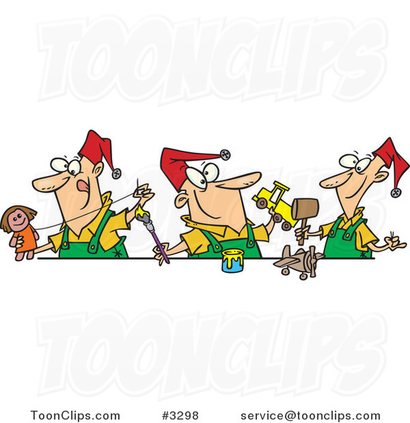 Cartoon Three Christmas Elves Making Toys