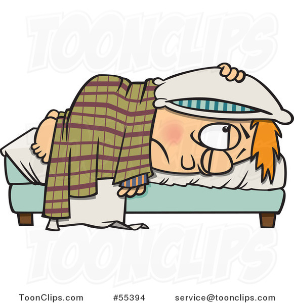 Cartoon Tired Boy Lying in Bed with a Pillow over His Head #55394 by Ron  Leishman