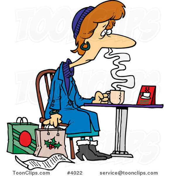 Cartoon Tired Christmas Shopper Drinking Coffee