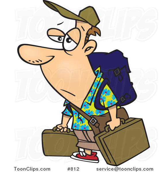 Cartoon Tired Traveler Carrying Luggage