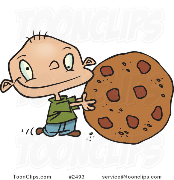 Cartoon Toddler Rolling a Large Chocolate Chip Cookie