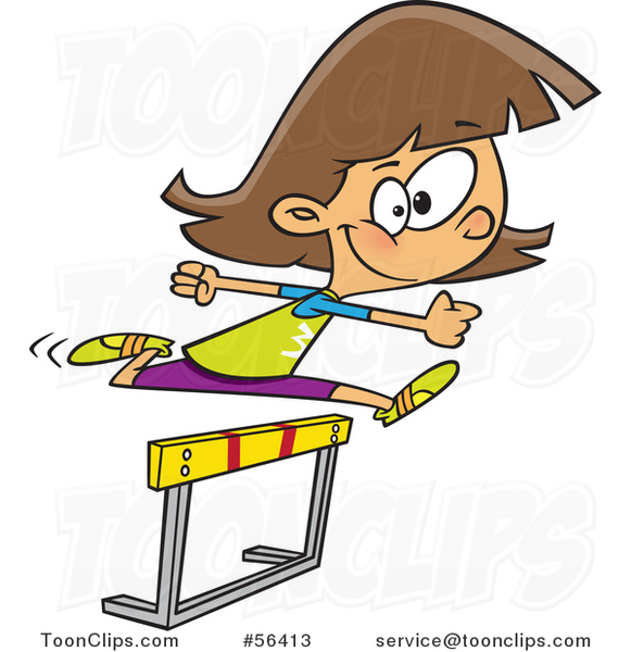 Cartoon Track and Field Brunette White Girl Leaping a Track Hurdle