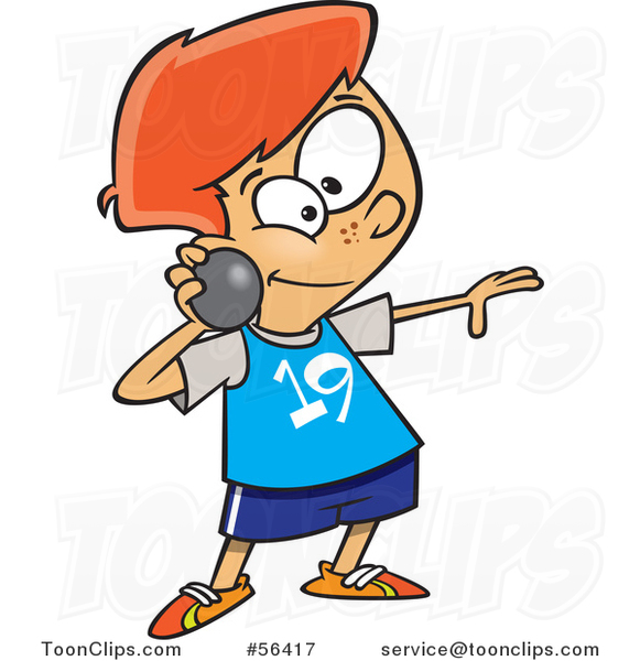 Cartoon Track and Field Red Haired White Boy Throwing a Shot Put