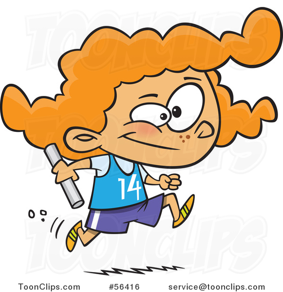 Cartoon Track and Field Red Haired White Girl Running a Relay Race