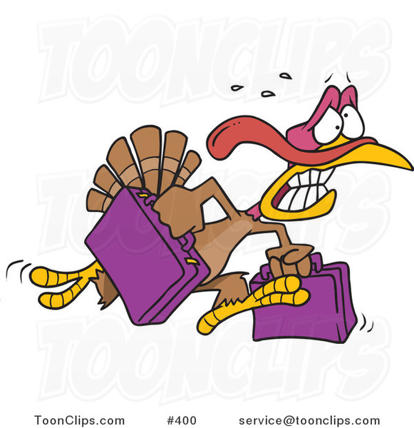 Cartoon Turkey Bird Running in Panic with Luggage
