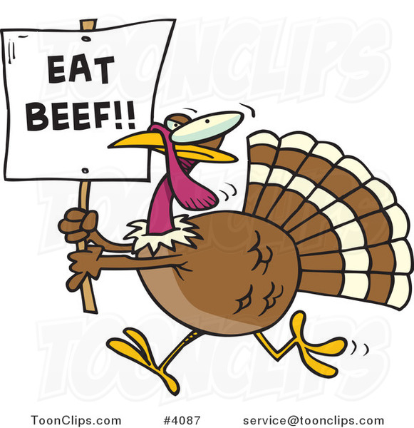 Cartoon Turkey with an Eat Beef Sign